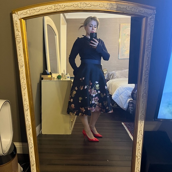 Ted Baker Seema Arboretum Knitted Bodice Floral Dress Navy Sz 4 - Picture 7 of 8